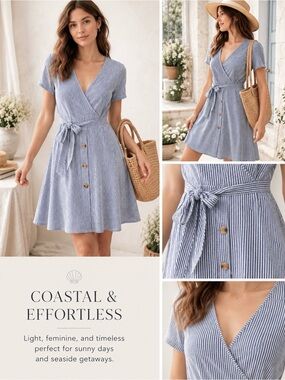 Blue White Stripe Wrap Dress French Coastal Feminine European Summer Dress S